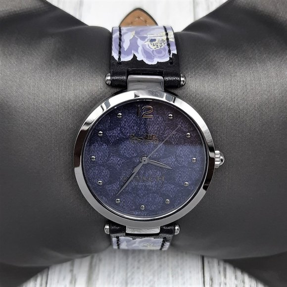 Coach Park Black Floral Print Leather Strap Watch - Picture 1 of 10